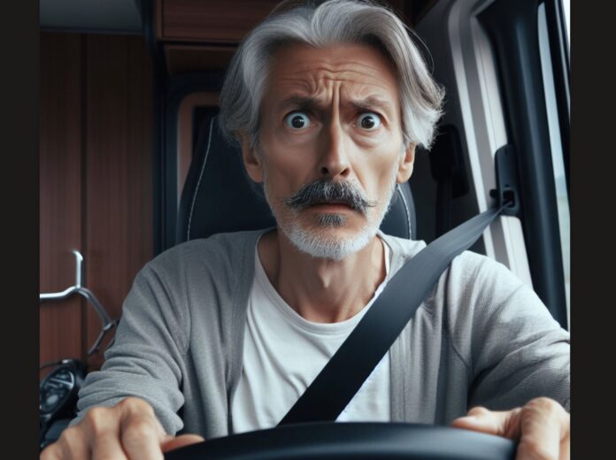 Man driving with panic look on face. AI