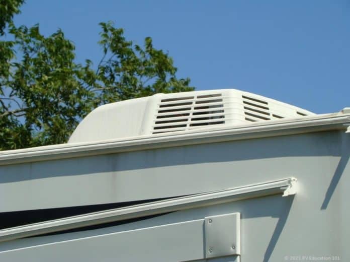 An RV air conditioner on the roof of an RV