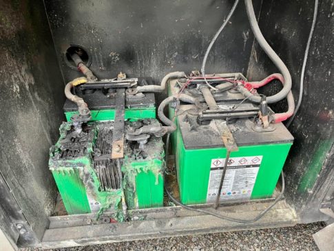 A burned RV battery from a fire