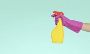 A woman holds a squirt bottle as she gets ready to clean an RV