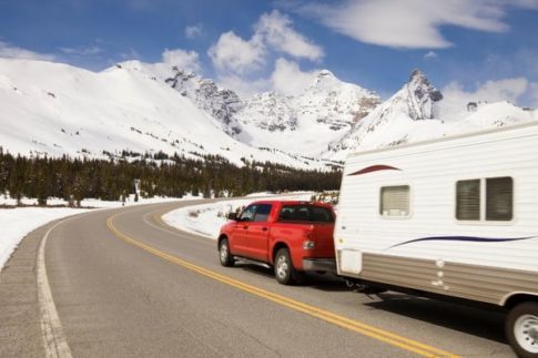 RV towing in the mountains