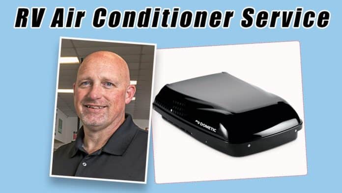 a graphic with Dustin talking about RV air conditioners