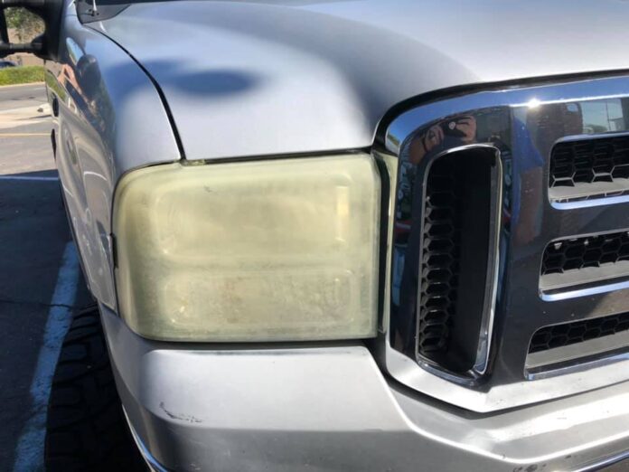 a dirty headlight that needs to be cleaned