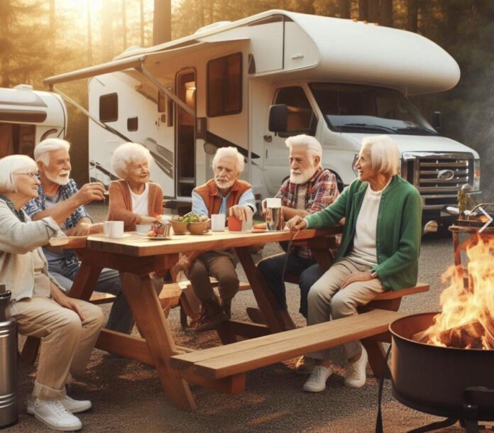 A group of friends sits at a picnic table near a campfire at a campground