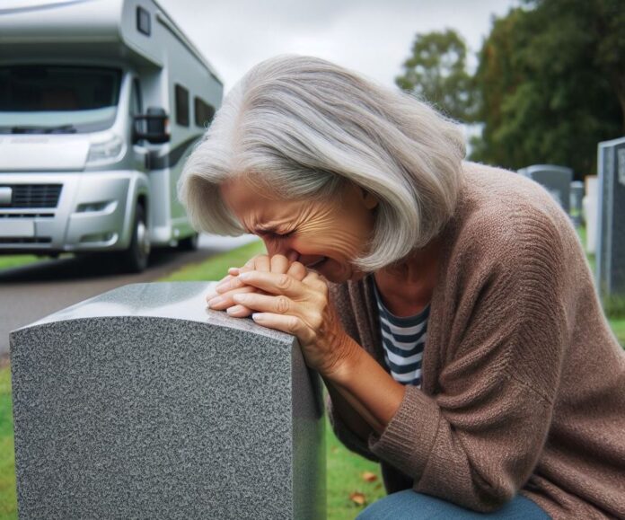 A woman cries on a tombstone at a cemetery with an RV in the background
