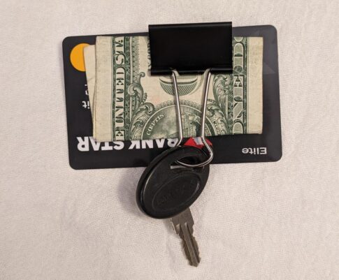 binder clip substitutes as wallet and key keeper while RVing