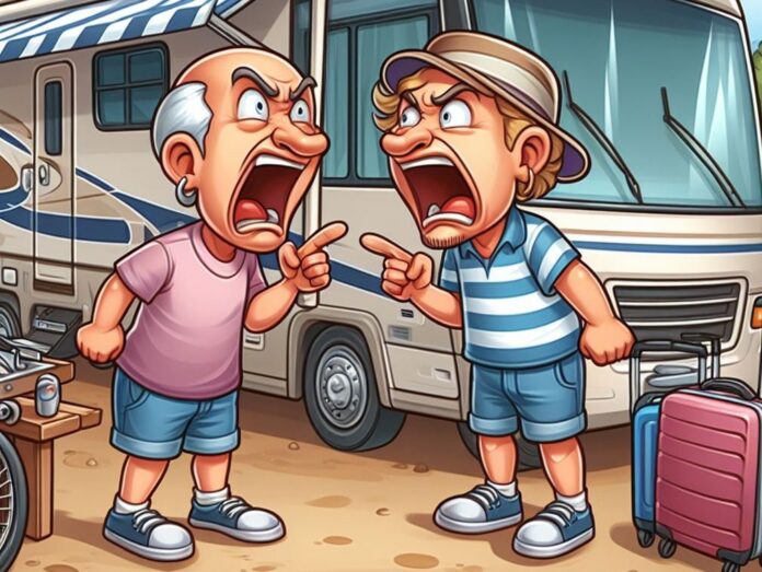 A cartoon image of two men in front of a motorhome yelling at each other