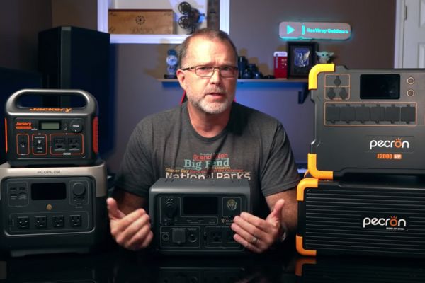 title images for how to choose the best portable power station, man surrounded by solar generators