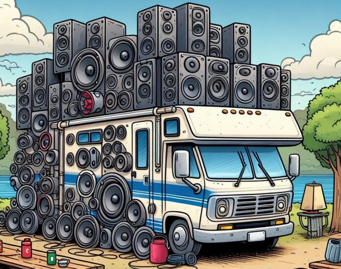 A cartoon image of an RV covered in outdoor speakers
