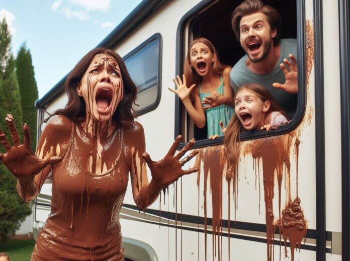 A woman covered in poop stands outside her RV while her husband and daughters laugh from inside the RV