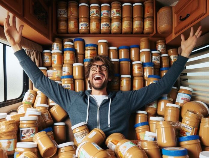 A man sits inside an RV filled with jars of peanut butter