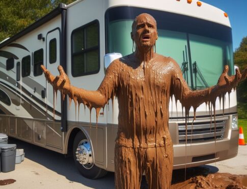 A man covered in poop standing outside his RV