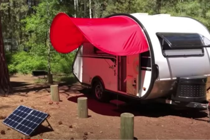 RV solar panel outside a teardrop travel trailer