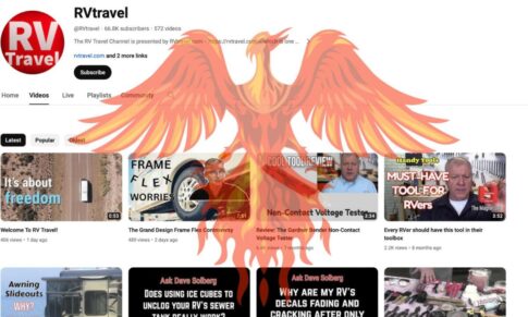 A phoenix flies over a screenshot of the RVtravel.com YouTube channel