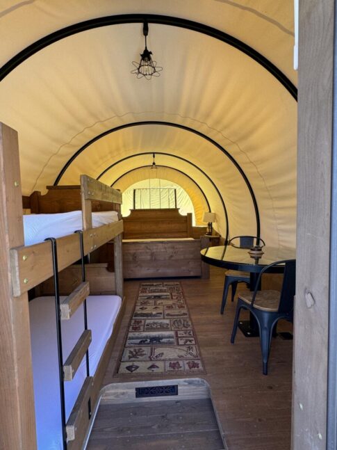 Inside the wagons you can sleep in at the Wytheville KOA Holiday