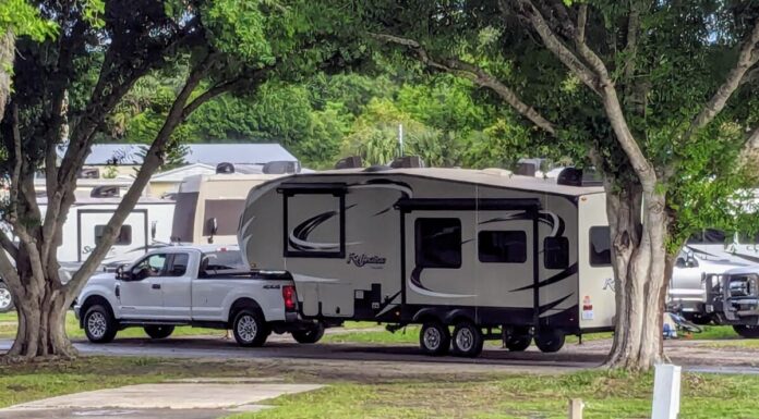 Photo by Gail Marsh Truck pulling a fifth wheel RV
