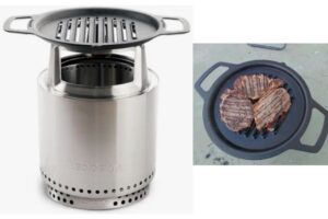 Solo Stove Ranger and cast iron grill with steaks cooking