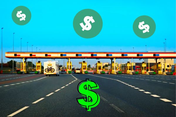 Toll road booths with dollar sings - illustration for a post about toll road fines for RVers