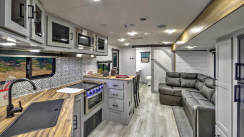 The kitchen in the Heartland North Trail 25RBP