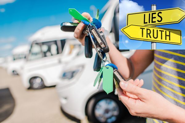 rv keys and salesman, title card for 3 common lies RV salesmen tell