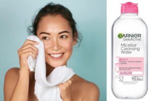 Garnier Micellar Cleansing water and woman who has just cleaned her face