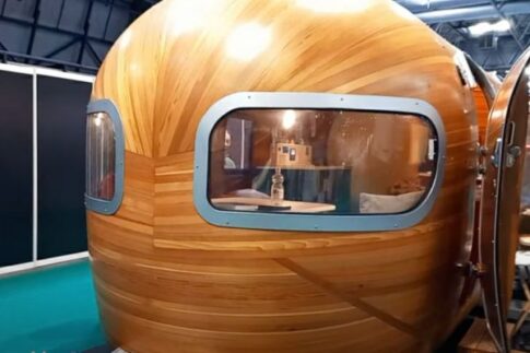 End cap of amazing wooden Airstream restoration
