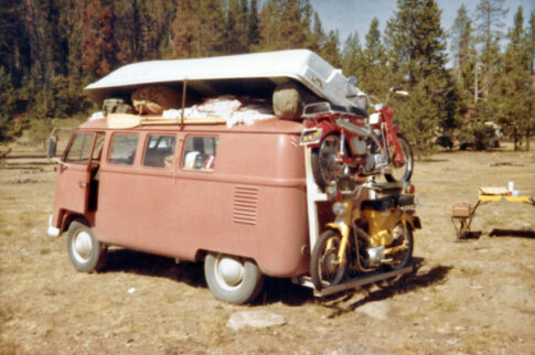 A 1961 VW Bus packed up and ready for the road