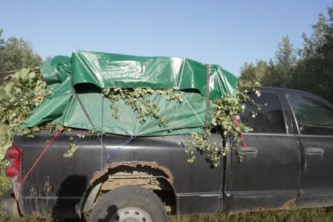 Disguised camper looks like yard waste