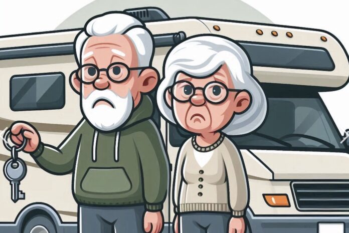 older couple holding keys with RV in back, should they quit RVing?