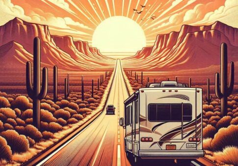 rv headed down road toward sunset
