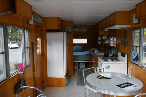 The interior of the vintage trailer houseboat