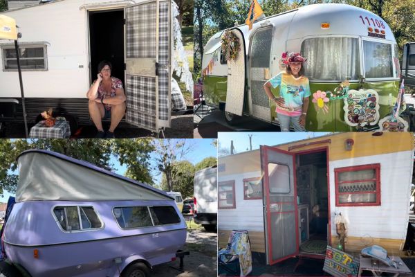 four vintage travel trailers and their owners