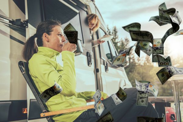 how much money do work campers make - woman, RV and dollar bills