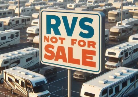RV lot with sign that says RVs not for sale