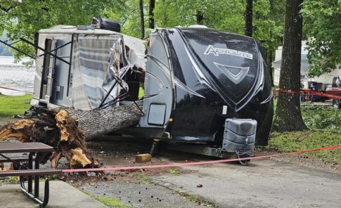 Tree falling into travel trailer