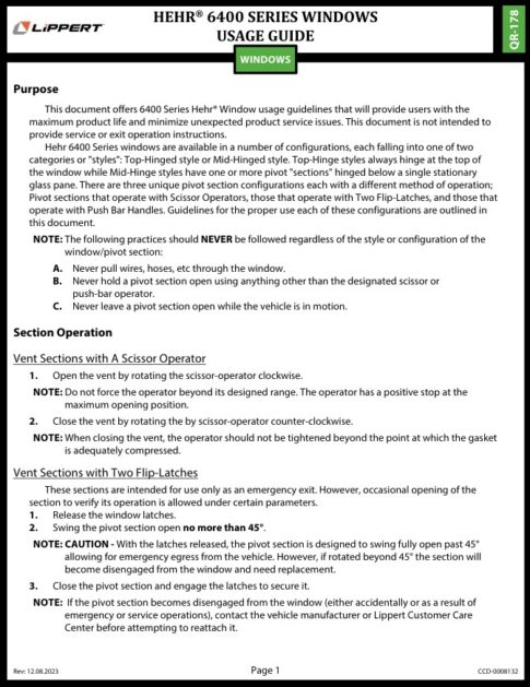 Lippert Emergency Window instructions. Click to enlarge