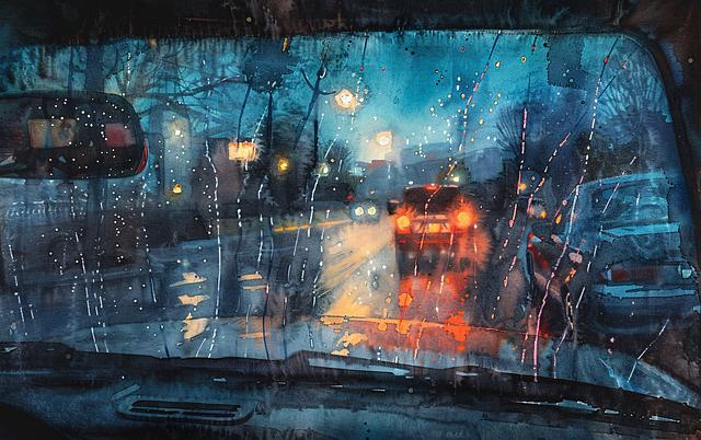 Rainy evening scene from inside vehicle; windshield wiper article Pixabay/AI image