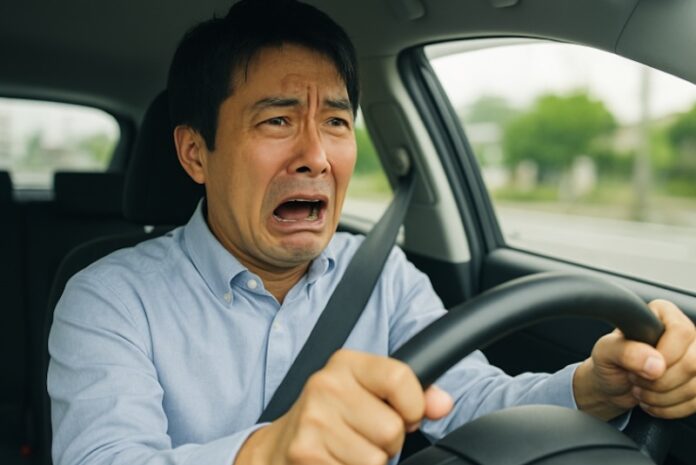 Japanese man driving, with some pain showing in his face