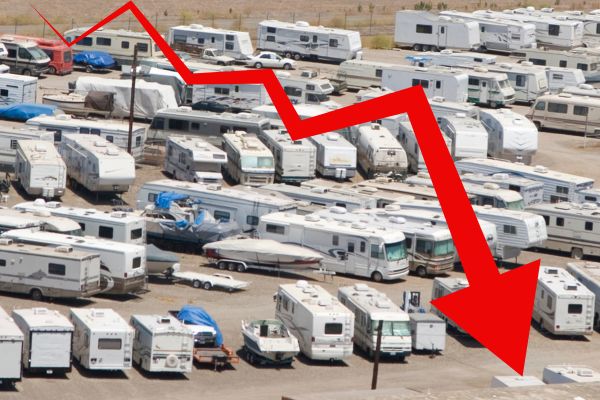 RV and downward arrow to signify RV prices going down.