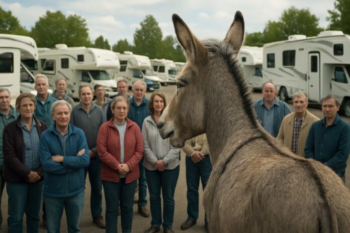 Donkey at RV park. A.I. image