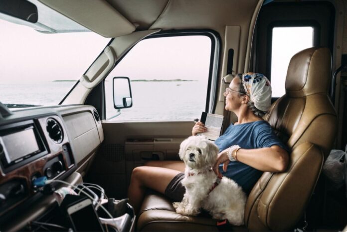 Woman in passenger seat in RV