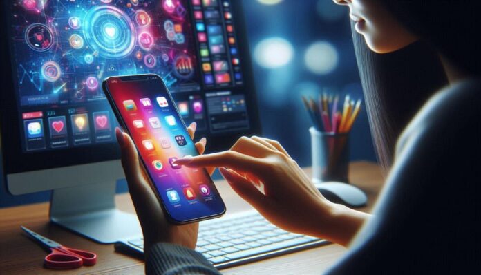 AI image of person checking cell phone with computer screen in background