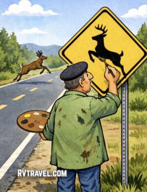 Artist painting deer warning roadsigns