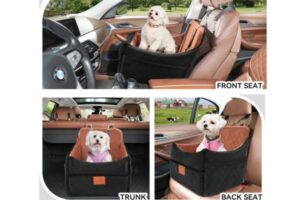 The best dog car seat and dog booster seat for RVers, showing dog in the seat in various places in the car.