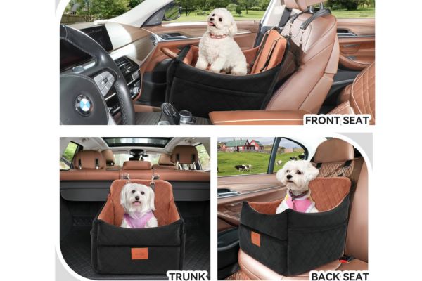 The best dog car seat and dog booster seat for RVers, showing dog in the seat in various places in the car.