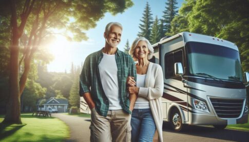 retired couple standing outside RV AI generated image