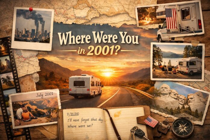 Illustration of RVing and current events in 2001