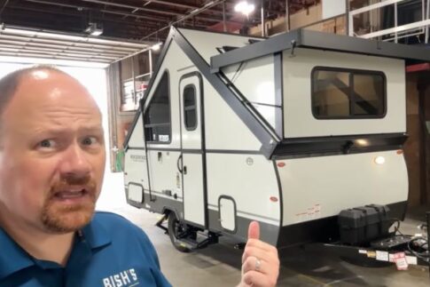 Josh the RV Nerd with the 2026 Rockwood A123RG A-frame popup trailer