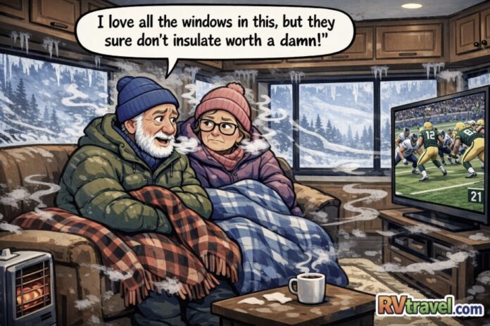 Couple bundled up in cold fifth wheel trailer