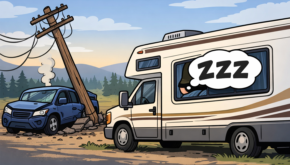 Stolen SUV, power pole, and motorhome nap ended this Oregon morning badly